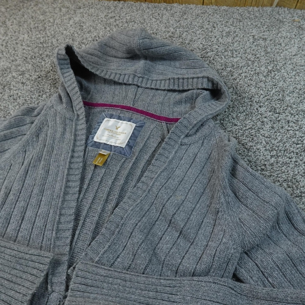 American Eagle Sweater Womens L Gray Hooded V Neck Tunic Rib Knit Babydoll Y2K